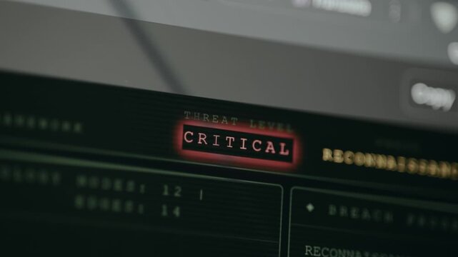 Threat level status displayed as CRITICAL on digital screen, ethical hacking concept