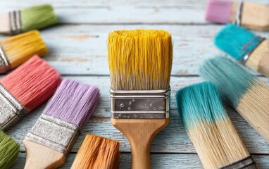 Fototapeta premium Vibrant Paintbrushes Dipped in Fresh Paint Colors