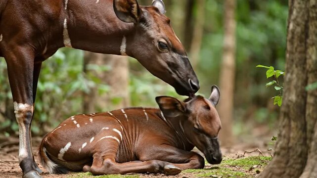 Okapi calf rests beside mother in dappled forest setting