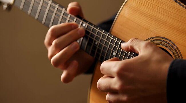 Close up view of a musician playing a wooden acoustic guitar
