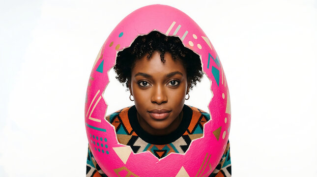 Young Black woman framed inside a large pink decorated Easter egg shape &mdash; creative composite portrait
Title