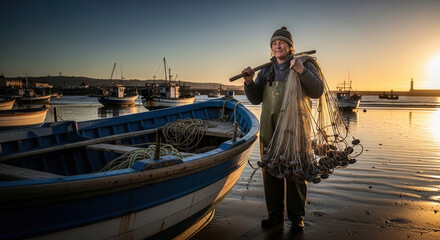 Fototapeta premium Fisherwoman holding fishing nets by the boat at sunset on the beach 