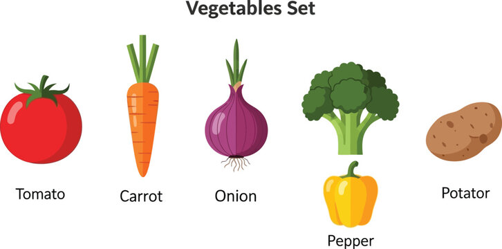 Assorted vegetables including tomato, carrot, onion, broccoli, pepper, and potato in a colorful set