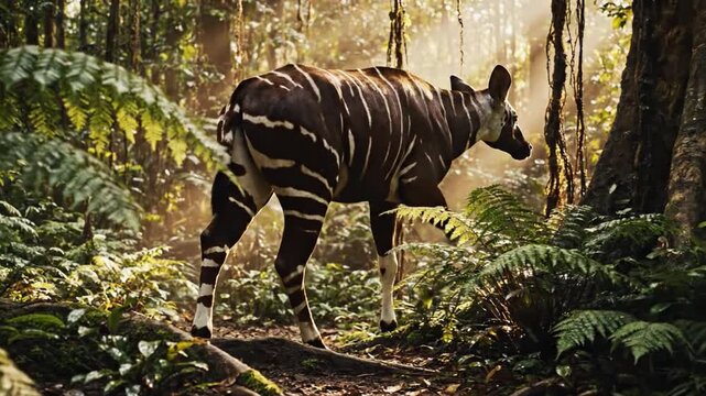 Okapi Emerging From Dense Rainforest Undergrowth