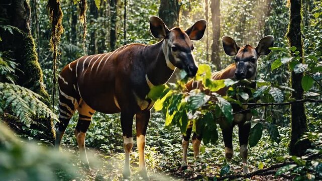 Okapi Grazing in Lush Rainforest Shadows