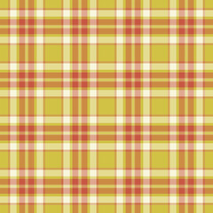 70s fabric check vector, multicolored plaid textile tartan. Continuity seamless pattern background texture in orange and yellow colors.