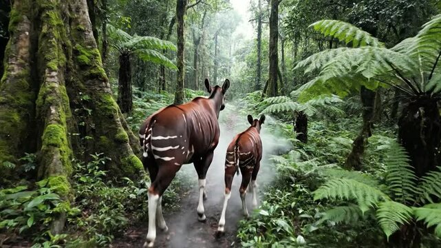 Okapi Matriarch and Calf Walk Through Misty Rainforest