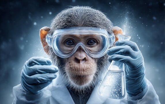 Monkey in Lab Goggles and Gloves Holding a Flask