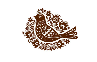 Fototapeta premium Modern Folk Art Bird Silhouette Sticker, Scandinavian Heritage Vector, Traditional Floral Linocut Style Illustration