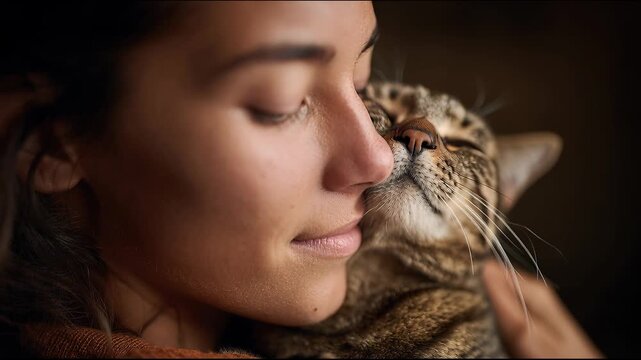 Close up of a loving young woman cuddling her cute tabby cat, showing a tender and affectionate moment of friendship and comfort between a pet and its owner in a cozy, warm home setting