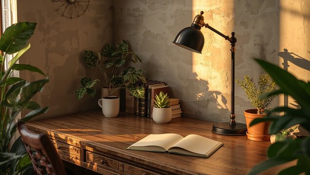 Cozy and Inviting Workspace with Plants and Natural Light