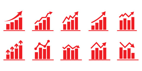 Obraz premium Business chart icon set showing growth and decline trends. Bar graphs with up and down arrows for analytics statistics financial performance revenue increase sales growth profit ...