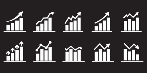 Fototapeta premium Business chart icon set showing growth and decline trends. Bar graphs with up and down arrows for analytics statistics financial performance revenue increase sales growth profit ...