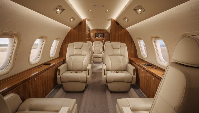 Luxurious and Spacious Interior of Private Jet Cabin with Leather Seats