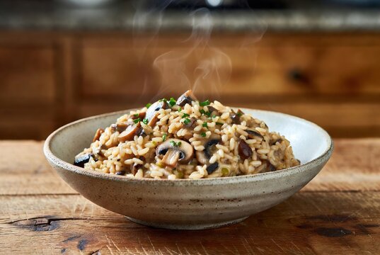 Bowl of creamy mushroom risotto served on a rustic wooden table. Warm culinary photography for seasonal restaurant menus and home cooking blogs.