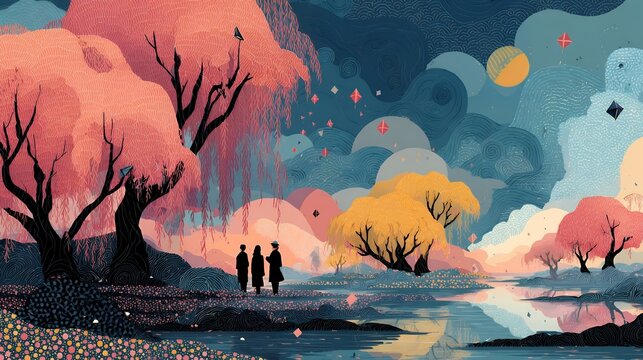 creative Qingming Festival concept, flat vector illustration combining Memphis retro geometry with boho decorative elements, people flying kites in a spring landscape while honoring tradition
