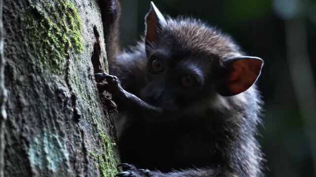 Peculiar Aye Aye Tapping Tree Bark in Forest