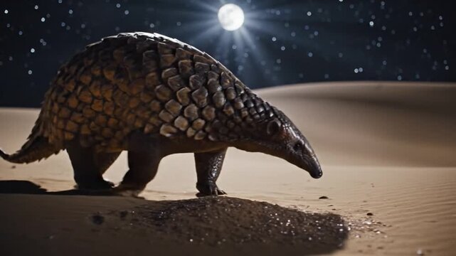 Pangolin walks under desert moonlight with stars