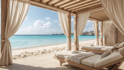 Obraz premium Tranquil Beach View from Cozy Cabana with Sun Loungers and Ocean