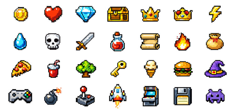 Pixel game icon set with arcade items coin heart diamond chest crown sword potion joystick rocket and retro videogame elements
