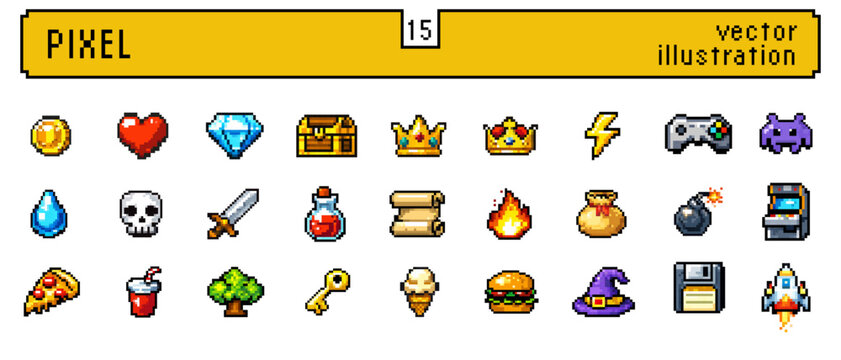 Pixel game icon set with coin heart diamond chest crown joystick rocket and retro arcade videogame elements