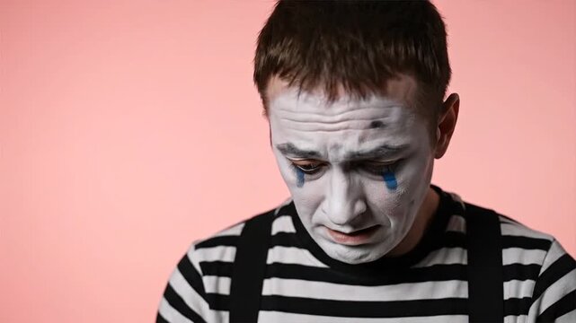 A sad mime with white face paint and a black-and-white striped shirt looks down sadly.