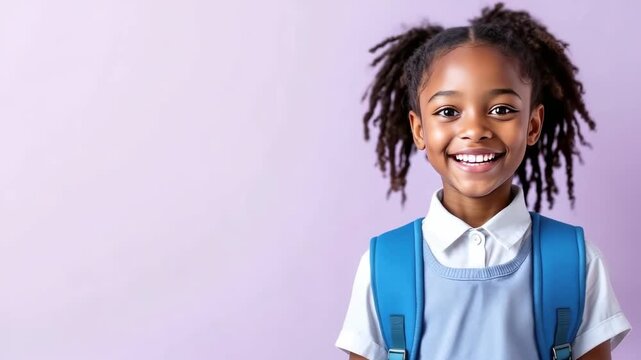 Smiling black schoolgirl with school backpack on light purple background with copy space for text, joyful education concept of childrens brands, youth, back to school