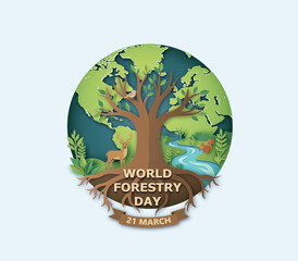 Paper art style vector illustration of a large tree with roots on Earth globe with wildlife animals, World Forestry Day concept.