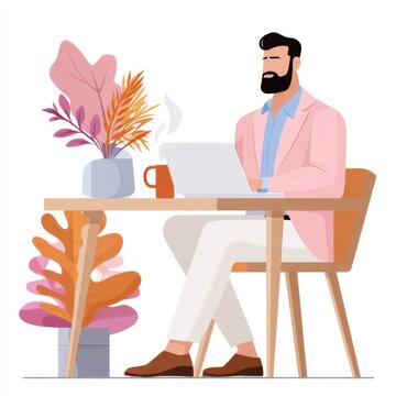 Flat vector illustration avatar, portrait of a freelancer man with a beard sitting at a laptop, coffee mug nearby, minimalist design, clean lines