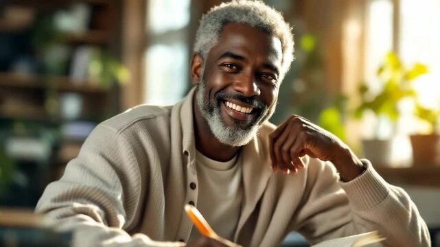 Portrait of mature black man sitting at table with books and writing notes in notebook, concept of adult education, learning, self-improvement