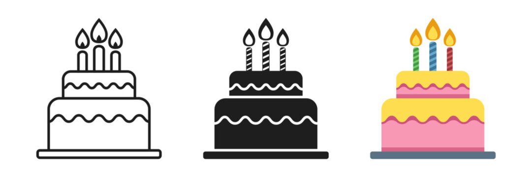 Happy birthday cake icon set collection in flat style. Pie with candles vector illustration on isolated background. Sweet dessert sign business concept.
