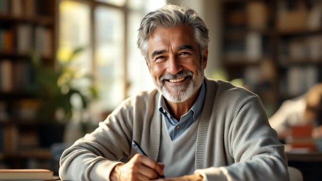 Portrait of mature man sitting at table with books and writing notes in notebook, concept of adult education, learning, self-improvement