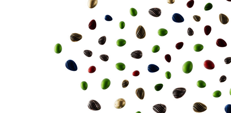 Abstract colorful Easter egg composition floating against a white background. Easter concept. Festive and joyful design.