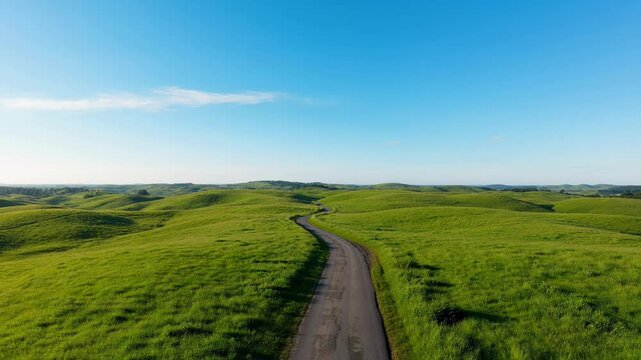 Picturesque winding road through lush green rolling hills under a clear blue sky