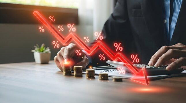 Businessman analyzing financial loss with declining percentage charts and coins on desk
