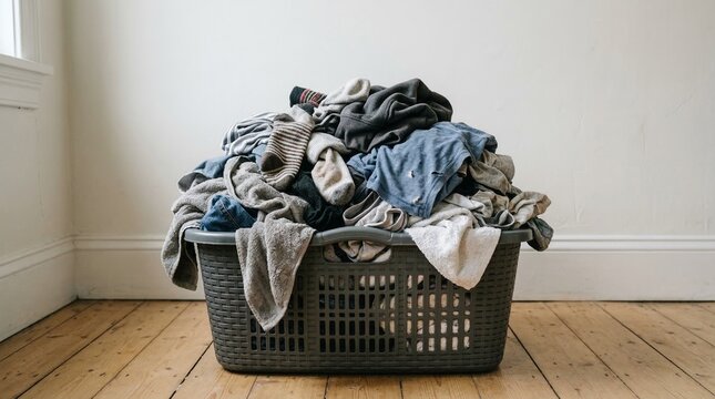 An overflowing laundry basket filled with a large pile of dirty clothes sits on a light wooden floor, representing common household chores and the never-ending task of washing