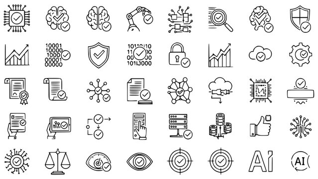 Verified Technology Icons Set for Artificial Intelligence Data Security Blockchain Concept Collection Featuring Circuitry Process Flow Chart Compliance Digital Auditing Standards