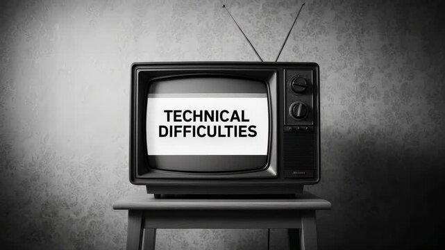 Black and white vintage television displaying a static message about technical difficulties, symbolizing an interruption in broadcast, a system error, or a temporary service unavailability