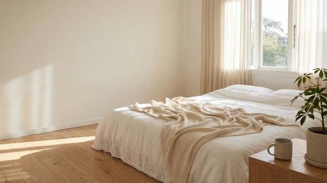 Serene bedroom with a comfortable bed, natural light streaming through curtains, and a potted plant on a bedside table