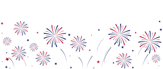 Independence Day fireworks banner. Horizontal vector illustration of red and blue patriotic bursts on white background. Flat design for July 4th celebration marketing and web header. © Uliya