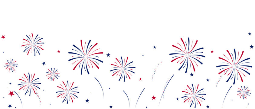 Independence Day fireworks banner. Horizontal vector illustration of red and blue patriotic bursts on white background. Flat design for July 4th celebration marketing and web header.
