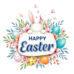 Obraz premium decorative happy easter greeting with bunny ears surrounded by flowers leaves and colorful easter eggs isolated on white
