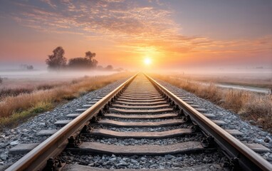 Fototapeta premium Long Railway Track Stretching Toward Brilliant Sunrise