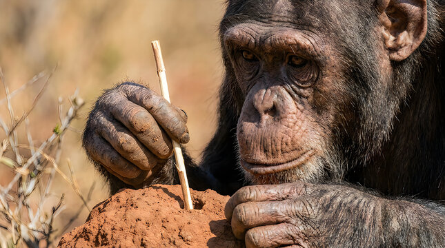 Chimpanzee Using Stick Tool to Fish for Termites Close-Up

