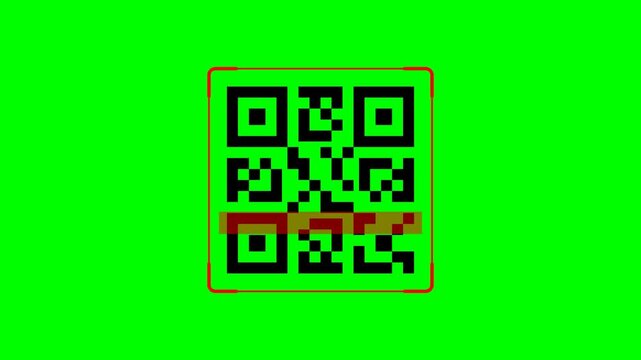 QR code scanning animation with red digital frame and tracking markers on green screen background. Mobile barcode scan interface effect for smartphone payment, technology apps, data access