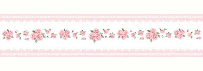 Romantic Pink Rose Lace Ribbon Seamless Border &ndash; Elegant Shabby Chic Floral Trim for Fabric, Wallpaper, Packaging and Wedding Stationery
