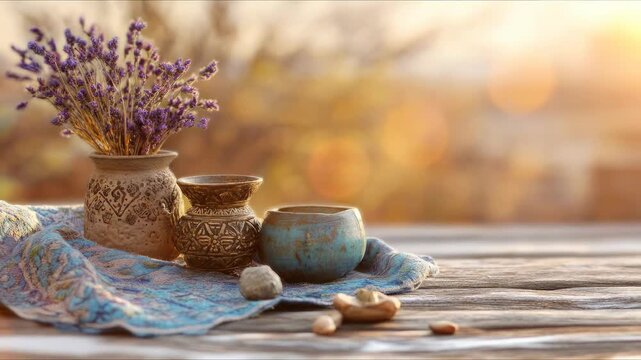Nowruz celebration, Persian New Year Spring Festival, traditional handmade pottery, fragrant dried flowers, natural elements, cultural heritage, representing the Spring Equinox