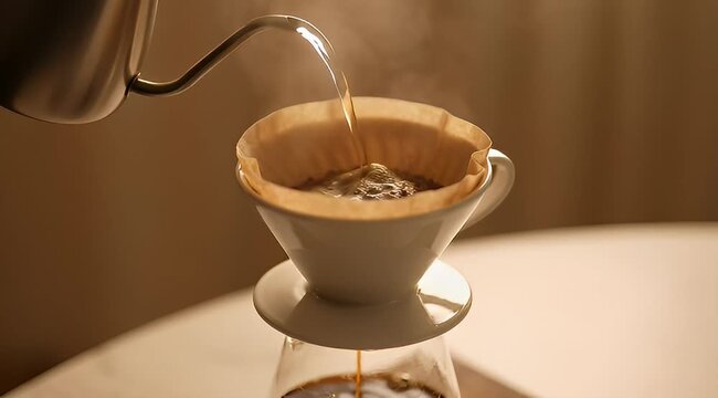 Pouring hot water from a gooseneck kettle into a coffee dripper