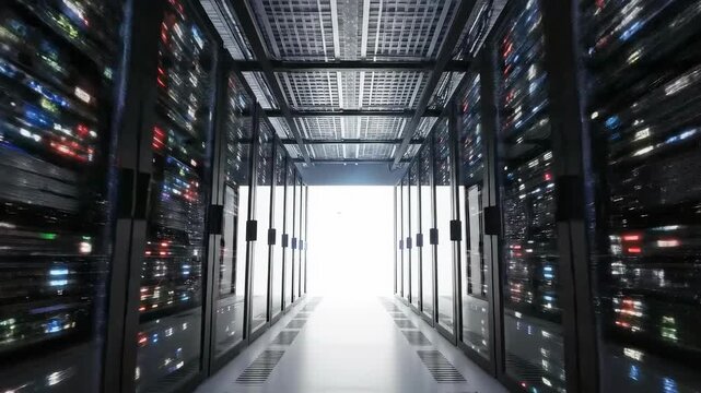 Data Center Server Room with Bright Light at the End of the Aisle