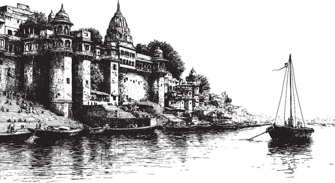 Ghats in Varanasi, India illustration on a white background. This vector illustration can be used in any size you like for advertising, logos, and other work.
